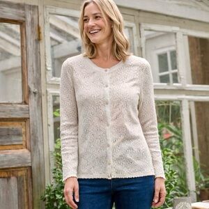 Vintage Cottagecore Lace Cardigan Ivory Button Front Knit Sweater